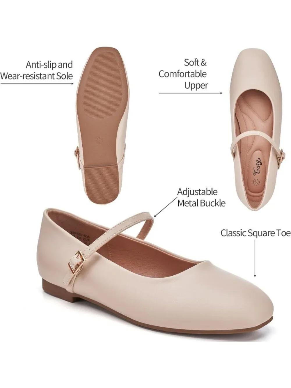 Women's Nude Square Toe With Adjustable Buckle Strap Ballet Flat Slip On Shoes